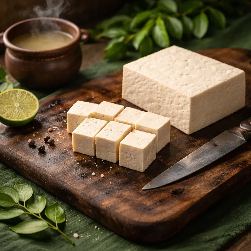 Amel founder story — fresh tofu block cut into cubes